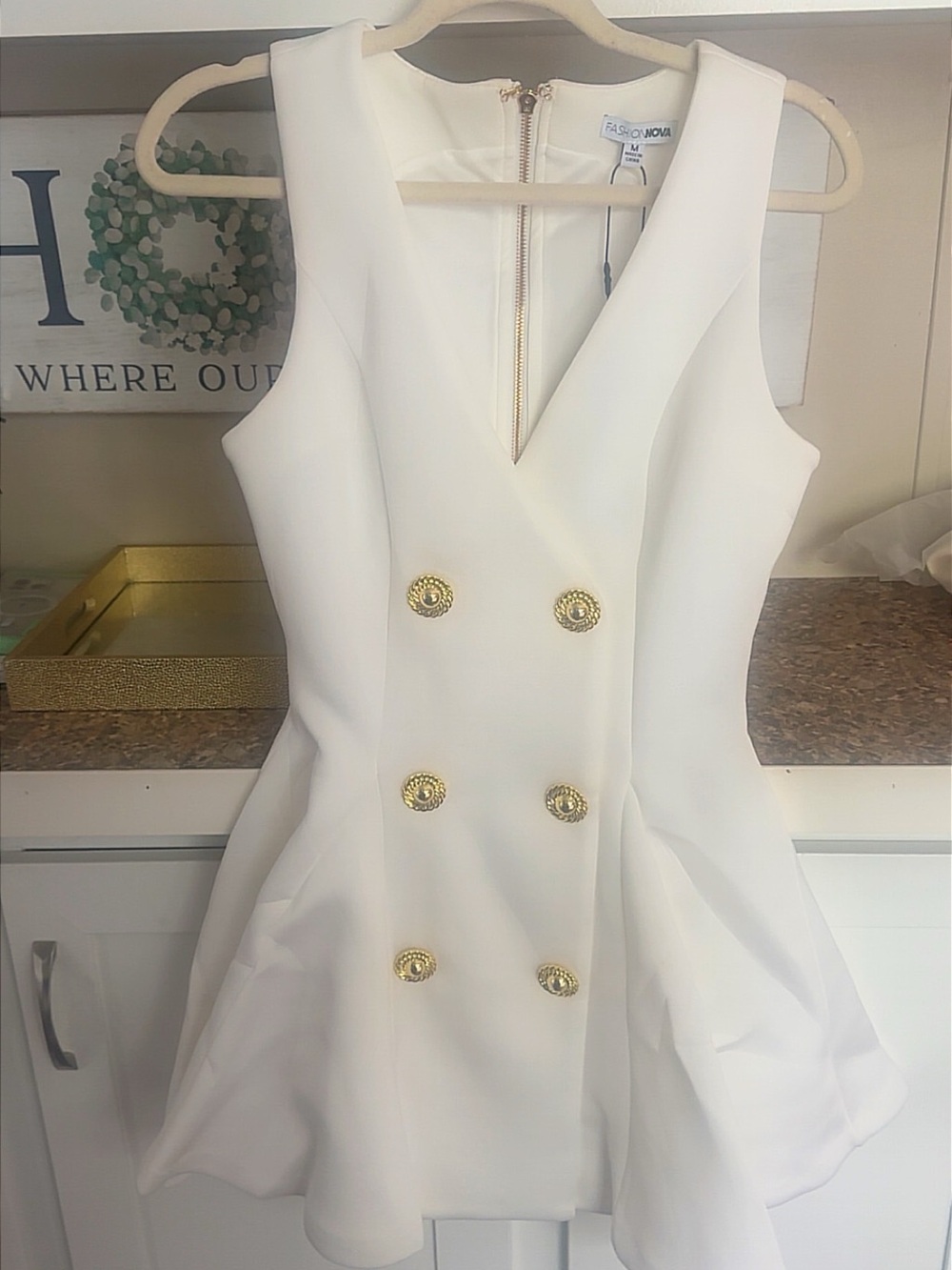 Fashion Nova White Double-Breasted V-Neck Mini Dress with Gold Buttons